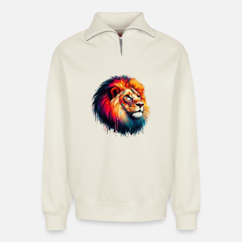 Löwe - Relaxed Unisex Organic Half Zip Sweatshirt – von SPREAD - Naturweiß