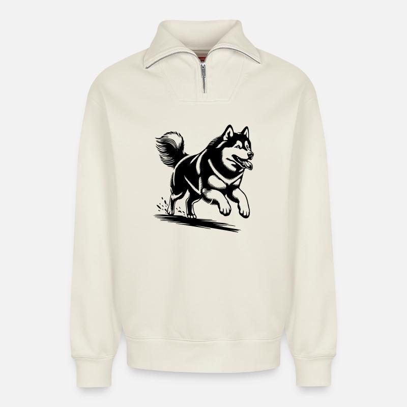 Malamute d’Alaska - Sweat unisexe décontracté en coton biologique à demi-zip – de SPREAD - blanc cassé