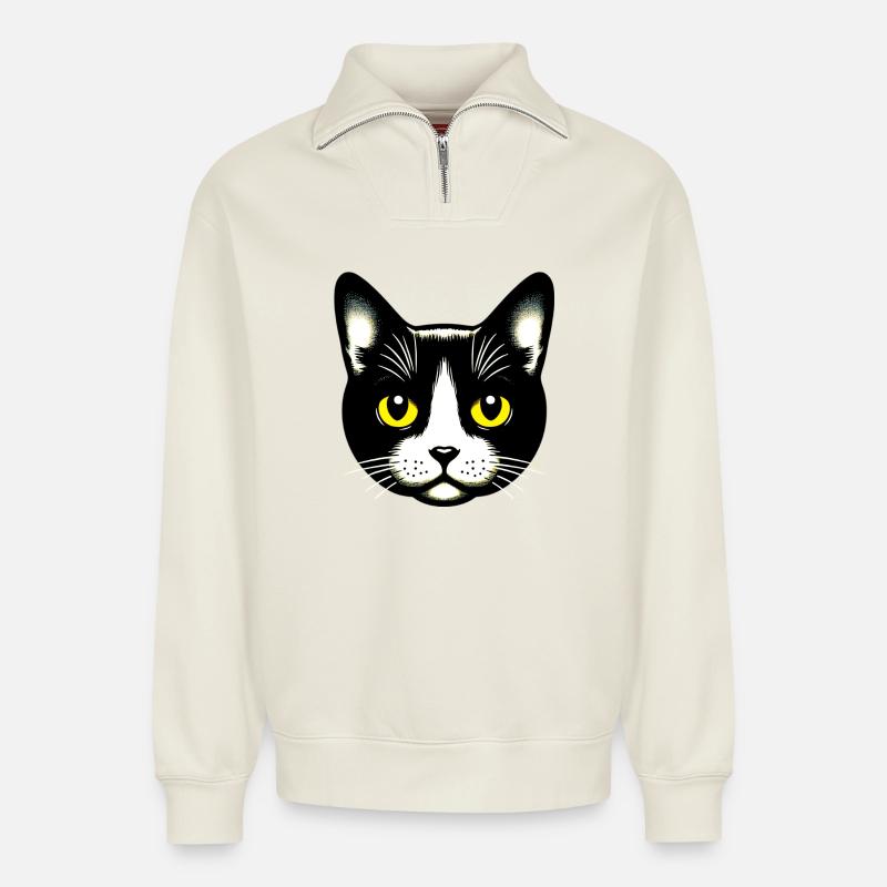 Chat - Sweat unisexe décontracté en coton biologique à demi-zip – de SPREAD - blanc cassé
