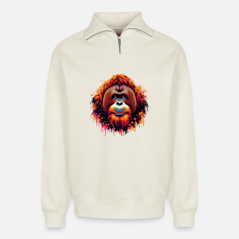 Orang-Utan-Affe - Relaxed Unisex Organic Half Zip Sweatshirt – von SPREAD - Naturweiß