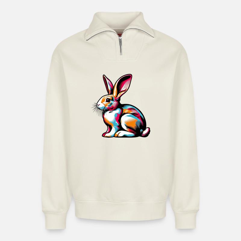Lapin - Sweat unisexe décontracté en coton biologique à demi-zip – de SPREAD - blanc cassé