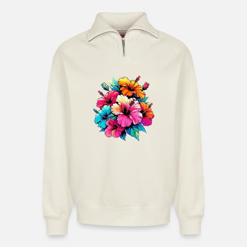 Hibiskusblüten - Relaxed Unisex Organic Half Zip Sweatshirt – von SPREAD - Naturweiß