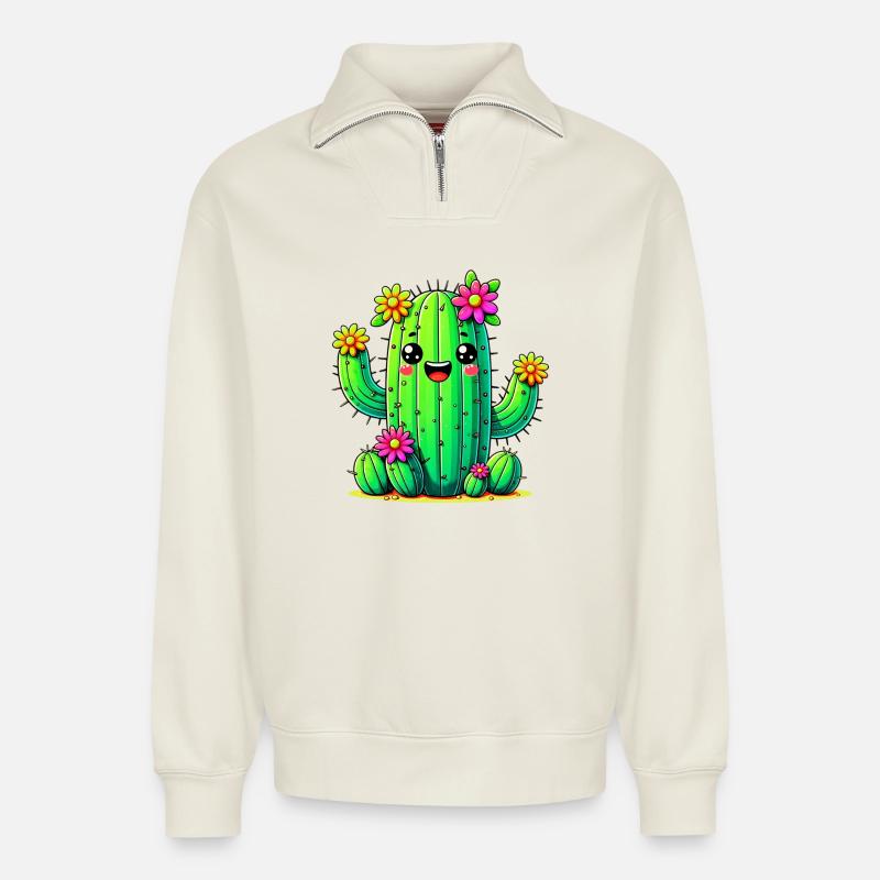 Kaktus - Relaxed Unisex Organic Half Zip Sweatshirt – von SPREAD - Naturweiß