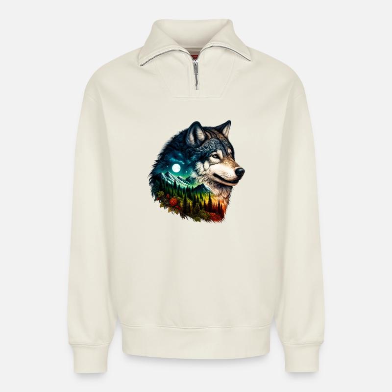Wolf - Relaxed Unisex Organic Half Zip Sweatshirt – von SPREAD - Naturweiß