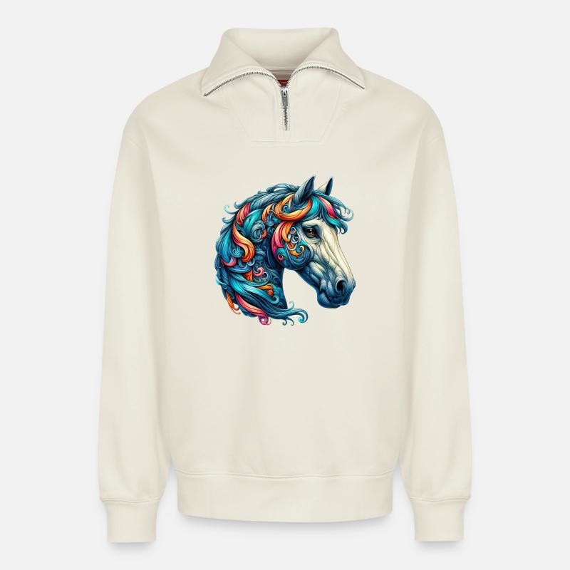 Cheval - Sweat unisexe décontracté en coton biologique à demi-zip – de SPREAD - blanc cassé