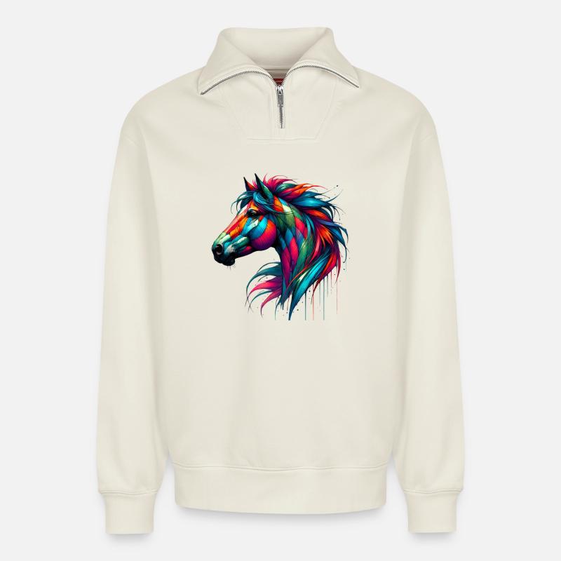 Cheval - Sweat unisexe décontracté en coton biologique à demi-zip – de SPREAD - blanc cassé