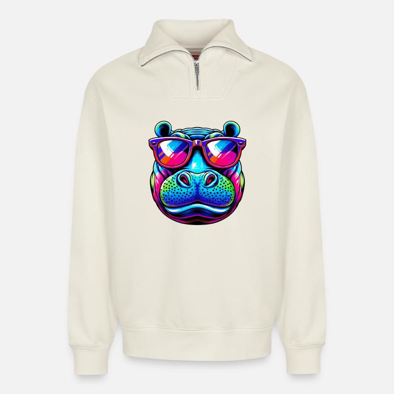 Hippopotame - Sweat unisexe décontracté en coton biologique à demi-zip – de SPREAD - blanc cassé