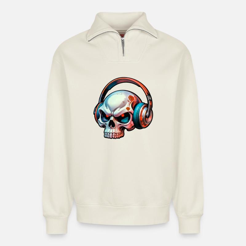 Schädel mit kopfhörer - Relaxed Unisex Organic Half Zip Sweatshirt – von SPREAD - Naturweiß