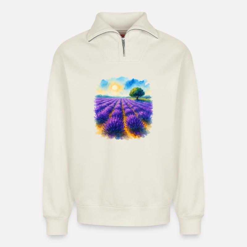 Lavendelfeld - Relaxed Unisex Organic Half Zip Sweatshirt – von SPREAD - Naturweiß