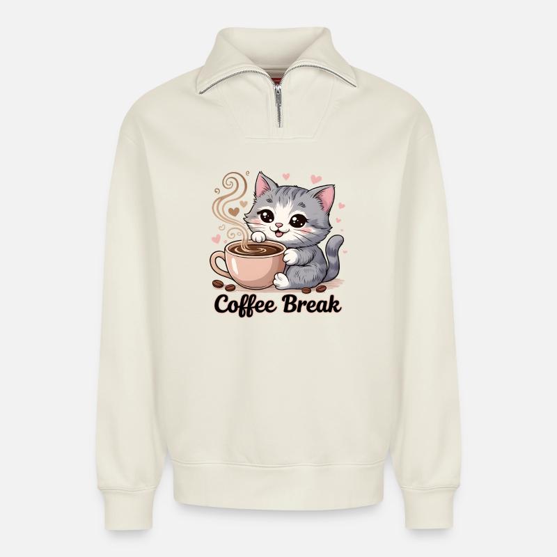 Süße Katze - Coffee Break - Relaxed Unisex Organic Half Zip Sweatshirt – von SPREAD - Naturweiß