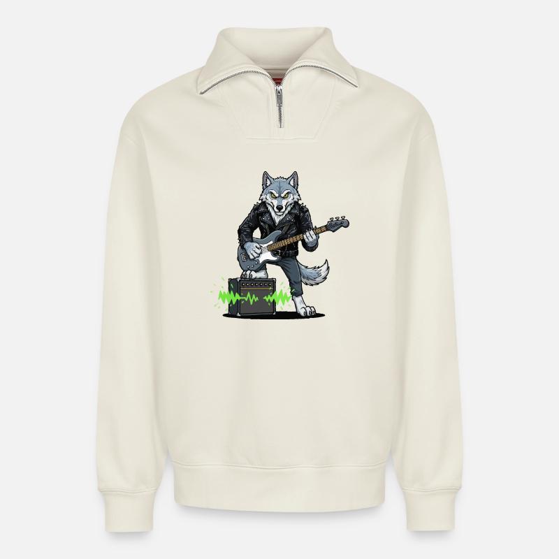 Rockerwolf mit Lederjacke - Relaxed Unisex Organic Half Zip Sweatshirt – von SPREAD - Naturweiß