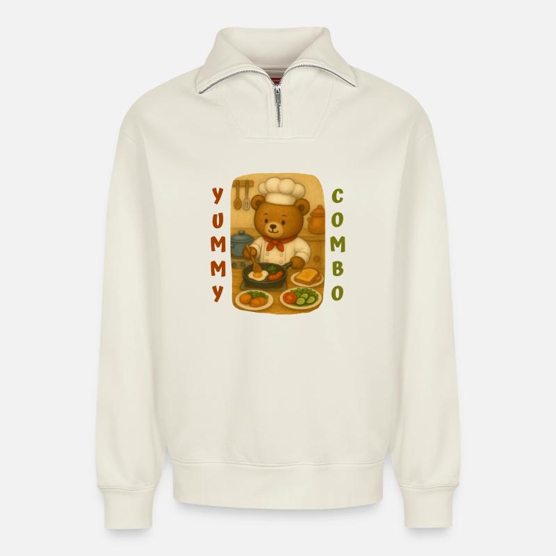 Bear Cook - Sweat unisexe décontracté en coton biologique à demi-zip – de SPREAD - blanc cassé