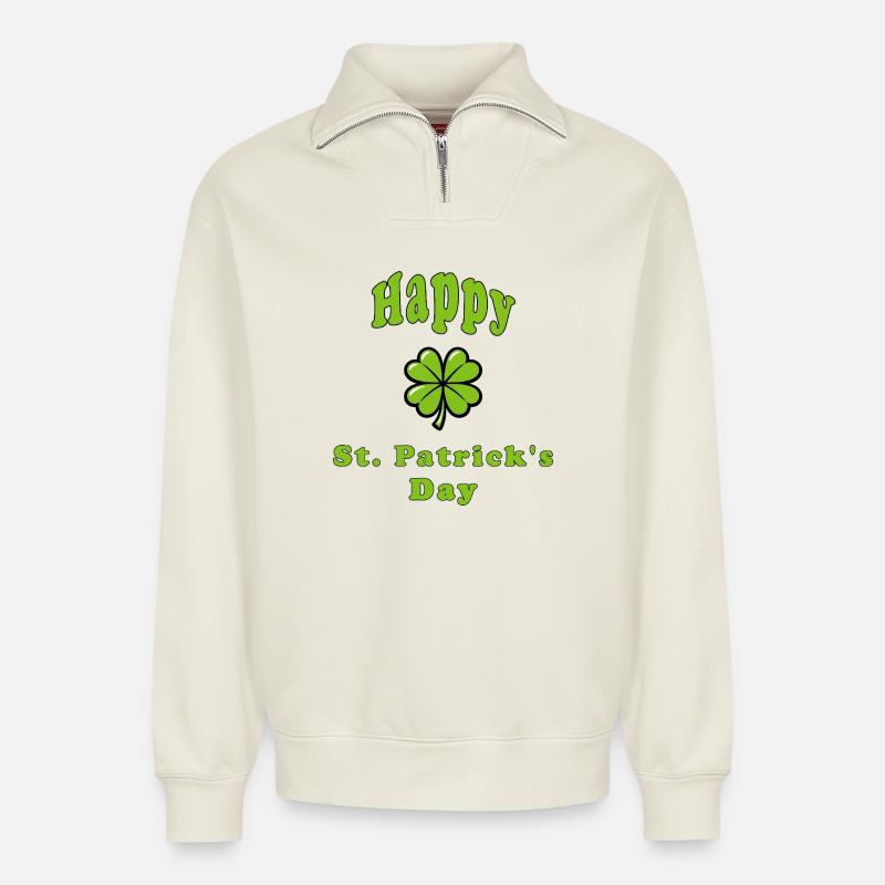 Bonne Saint-Patrick - Trèfle vert - Sweat unisexe décontracté en coton biologique à demi-zip – de SPREAD - blanc cassé