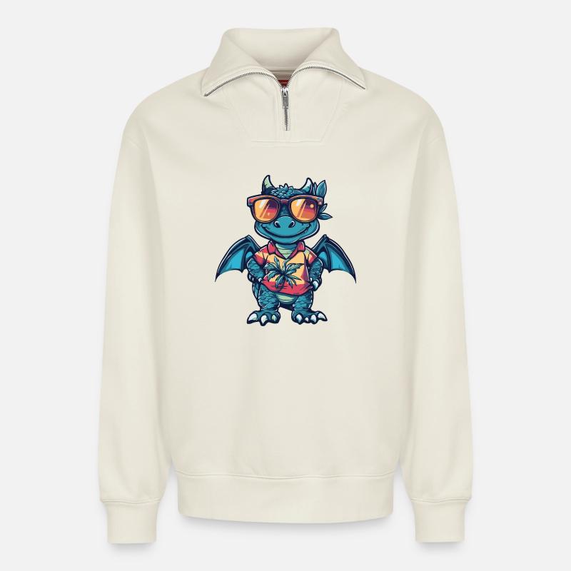 Drache Comic Urlaub - Relaxed Unisex Organic Half Zip Sweatshirt – von SPREAD - Naturweiß
