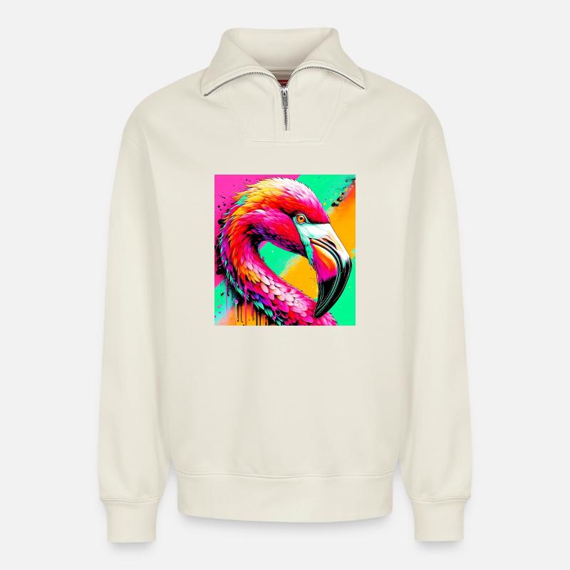 Flamingo - Relaxed Unisex Organic Half Zip Sweatshirt – von SPREAD - Naturweiß