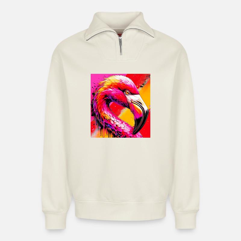 Flamingo - Relaxed Unisex Organic Half Zip Sweatshirt – von SPREAD - Naturweiß