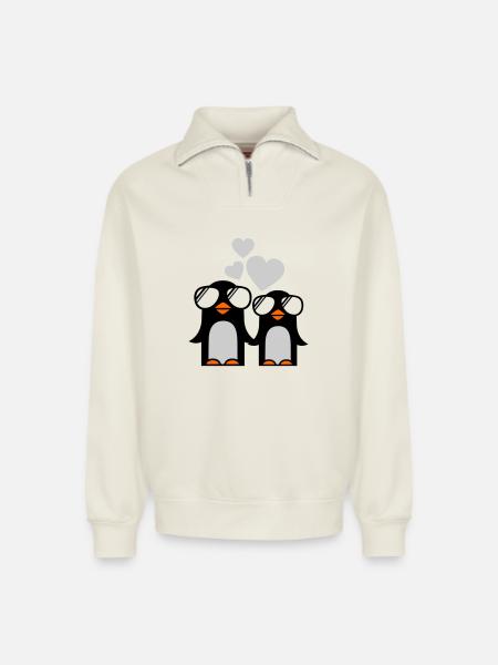 penguins fallen in love - Relaxed Unisex Organic Half Zip Sweatshirt – by SPREAD - off white