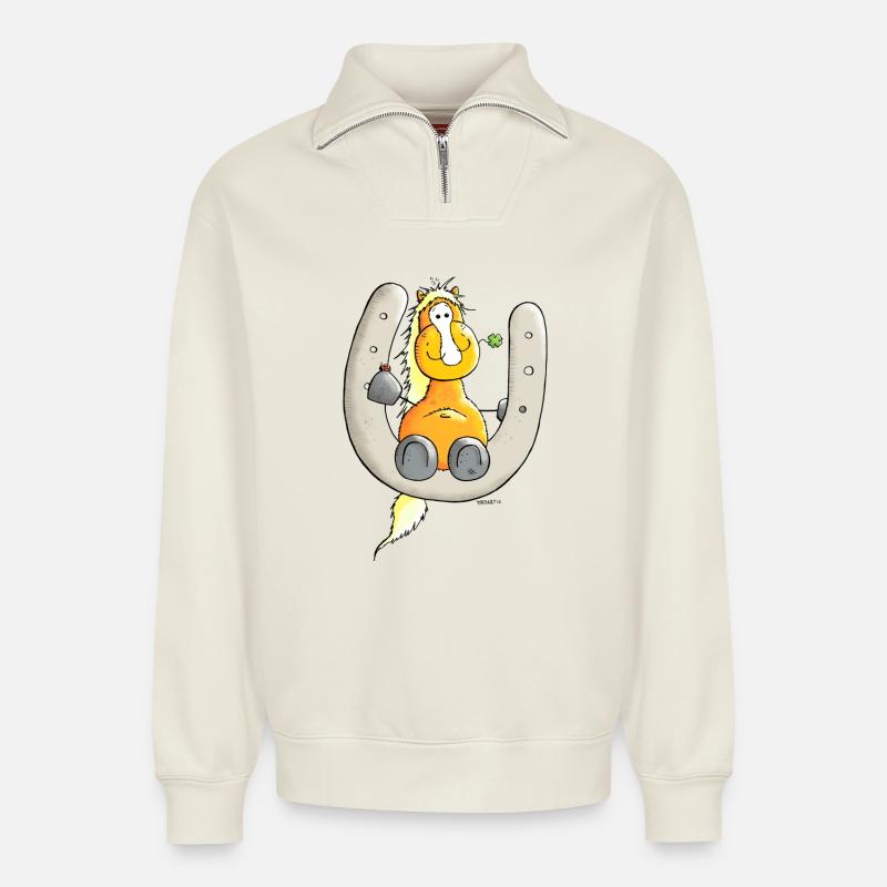 Glückspferd - Pferd - Glück - Relaxed Unisex Organic Half Zip Sweatshirt – von SPREAD - Naturweiß
