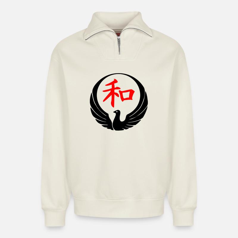 Wado Karate Taube - Relaxed Unisex Organic Half Zip Sweatshirt – von SPREAD - Naturweiß