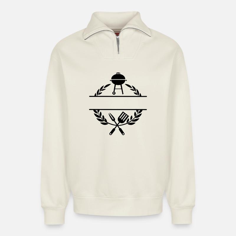 BBQ monogram - Relaxed Unisex Organic Half Zip Sweatshirt – by SPREAD - off white