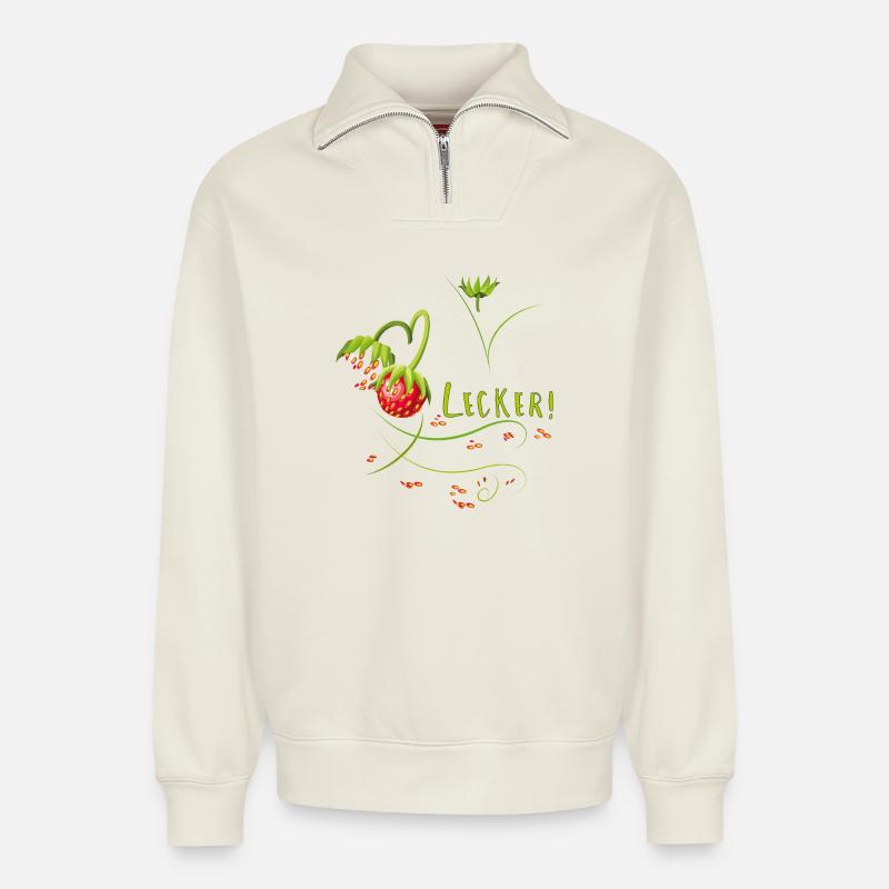 Erdbeerzeit, lecker, Erdbeere - Relaxed Unisex Organic Half Zip Sweatshirt – von SPREAD - Naturweiß