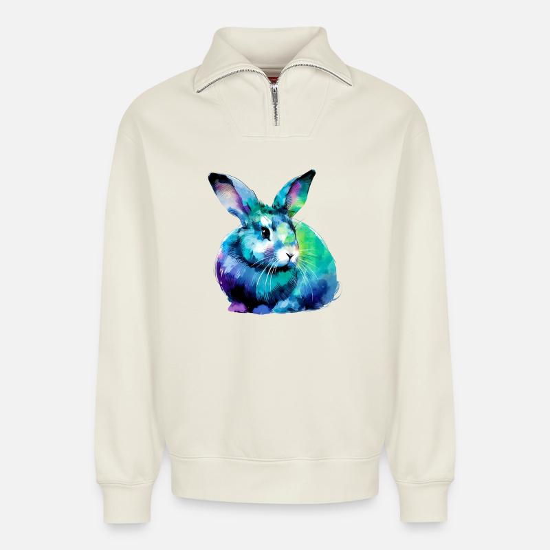 Lapin - Sweat unisexe décontracté en coton biologique à demi-zip – de SPREAD - blanc cassé