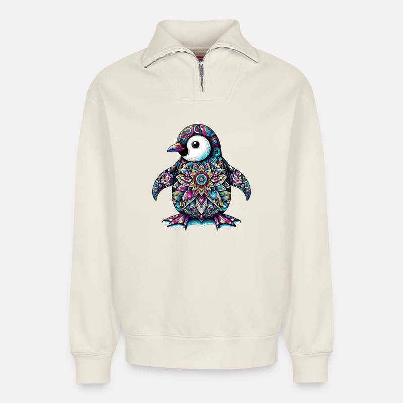 Pinguin mit Mandalas verziert - Relaxed Unisex Organic Half Zip Sweatshirt – von SPREAD - Naturweiß