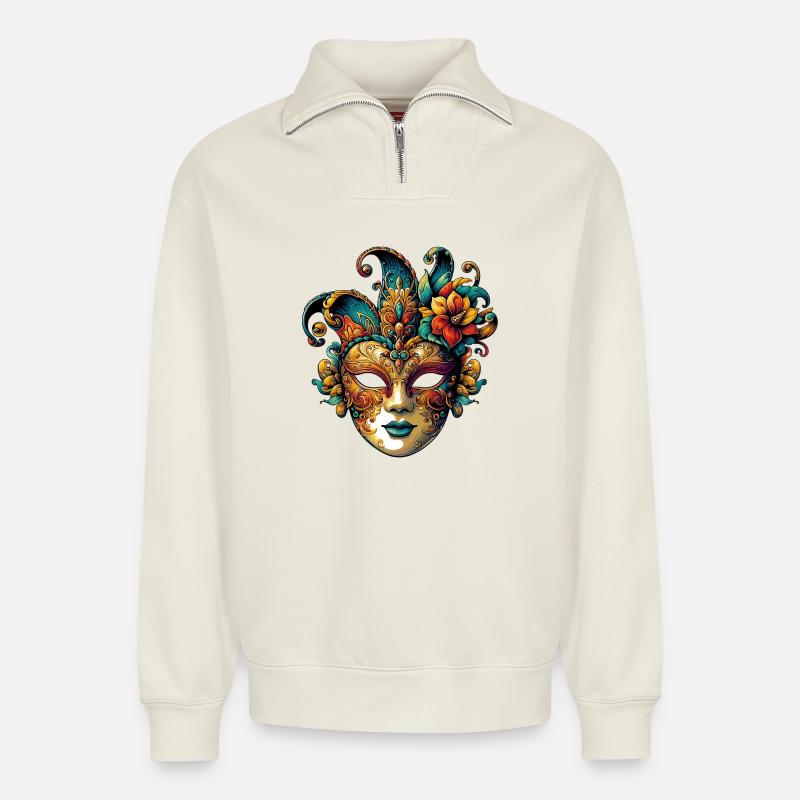 Masque du Carnaval de Venise - Sweat unisexe décontracté en coton biologique à demi-zip – de SPREAD - blanc cassé