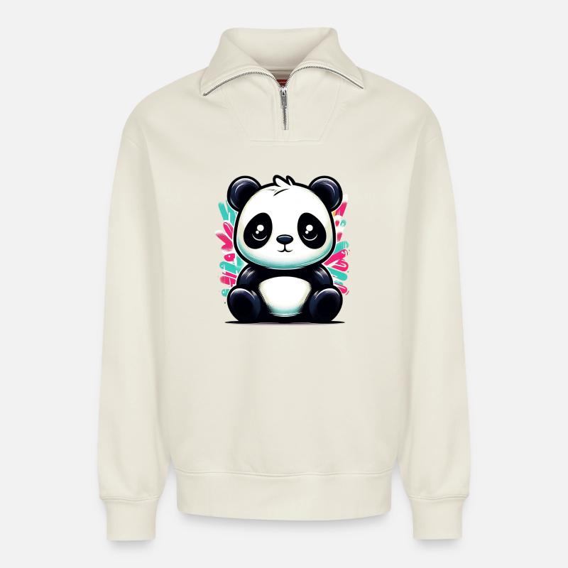 Panda - Relaxed Unisex Organic Half Zip Sweatshirt – von SPREAD - Naturweiß