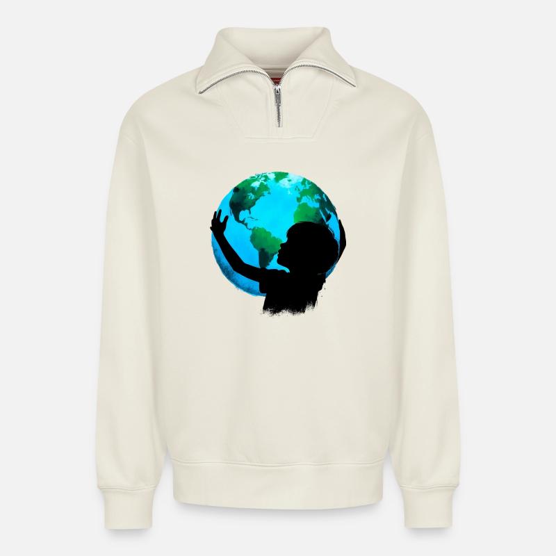 Planet Erde - Relaxed Unisex Organic Half Zip Sweatshirt – von SPREAD - Naturweiß