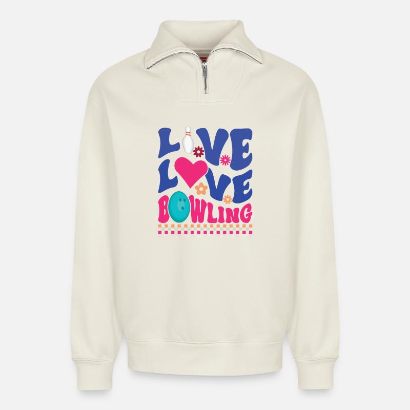 Live Love Bowling - Relaxed Unisex Organic Half Zip Sweatshirt – von SPREAD - Naturweiß