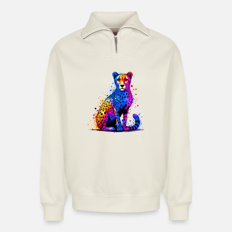 Guépard - Sweat unisexe décontracté en coton biologique à demi-zip – de SPREAD - blanc cassé