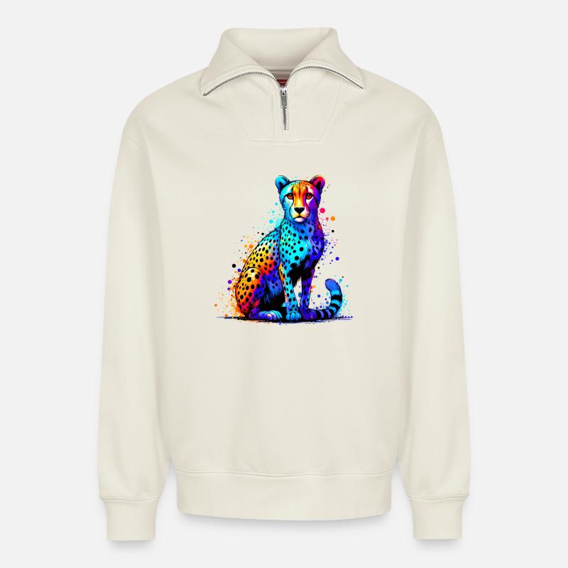 Guépard - Sweat unisexe décontracté en coton biologique à demi-zip – de SPREAD - blanc cassé