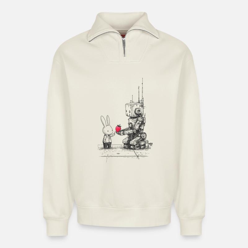 Strawberry Robot - Relaxed Unisex Organic Half Zip Sweatshirt – von SPREAD - Naturweiß