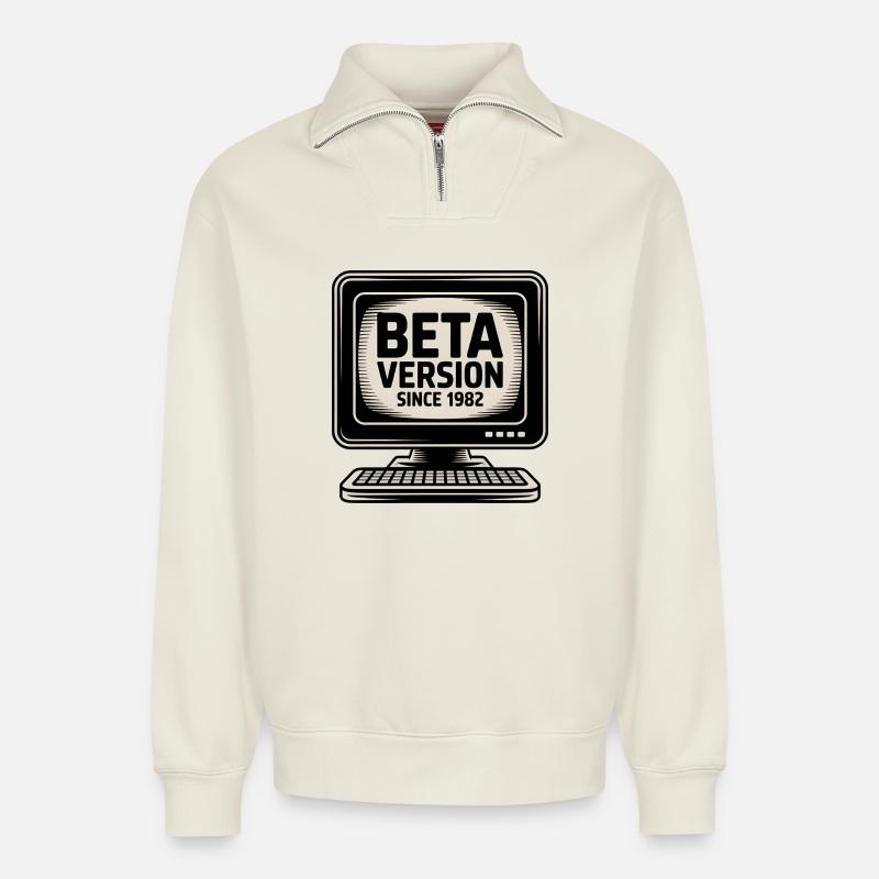 Retro Computer Beta Version Design - Relaxed Unisex Organic Half Zip Sweatshirt – by SPREAD - off white