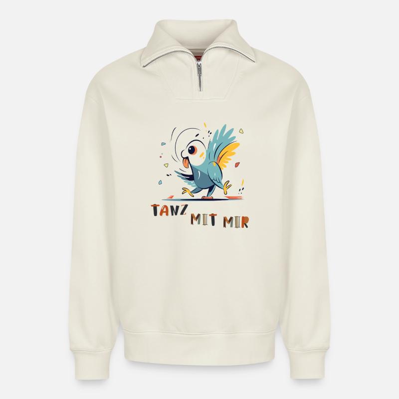 Parrot wants to dance - Relaxed Unisex Organic Half Zip Sweatshirt – by SPREAD - off white