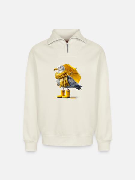 Seagull with yellow umbrella and boots - Relaxed Unisex Organic Half Zip Sweatshirt – by SPREAD - off white
