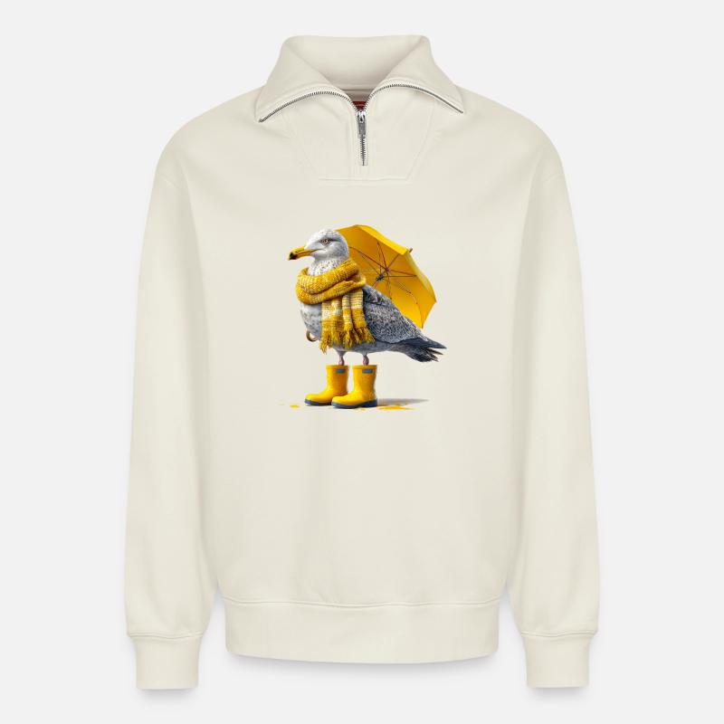 Seemöwe mit Gelbem Regenschirm und Boots - Relaxed Unisex Organic Half Zip Sweatshirt – von SPREAD - Naturweiß