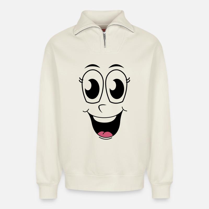 Glückliches Gesicht - Relaxed Unisex Organic Half Zip Sweatshirt – von SPREAD - Naturweiß