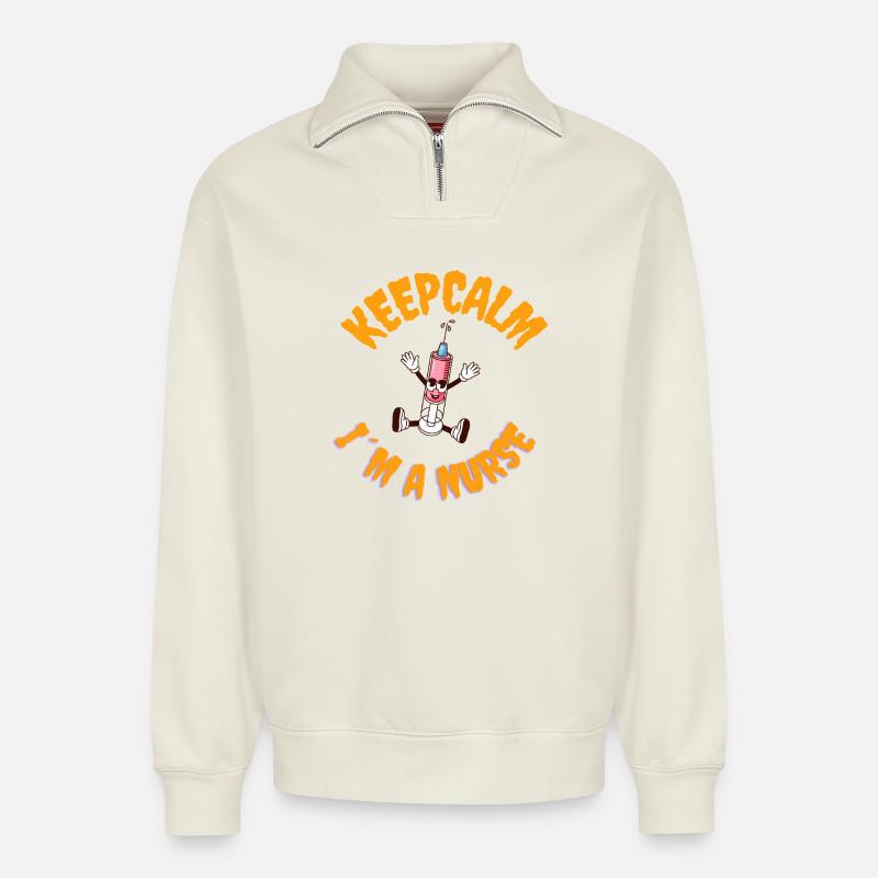 Bleib ruhig, ich bin Pflegekraft - Relaxed Unisex Organic Half Zip Sweatshirt – von SPREAD - Naturweiß