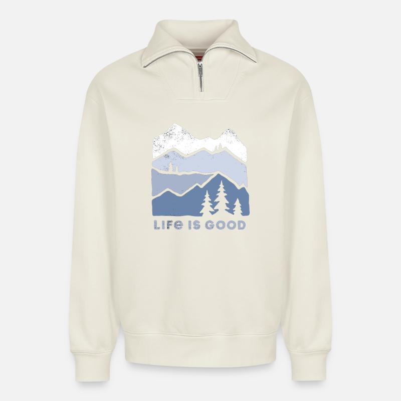 Berglandschaft Lebensfreude - Relaxed Unisex Organic Half Zip Sweatshirt – von SPREAD - Naturweiß