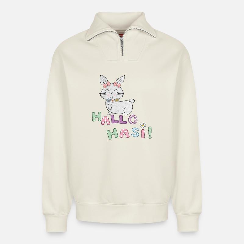  Hallo Hasi - Relaxed Unisex Organic Half Zip Sweatshirt – von SPREAD - Naturweiß