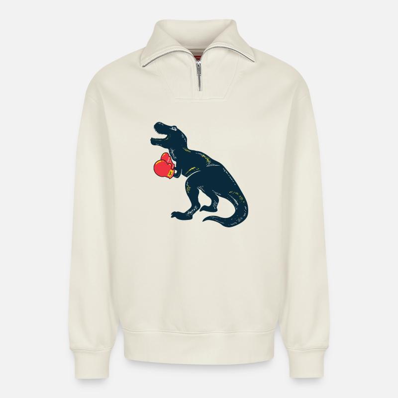 Dino Boxer Rex - Relaxed Unisex Organic Half Zip Sweatshirt – von SPREAD - Naturweiß