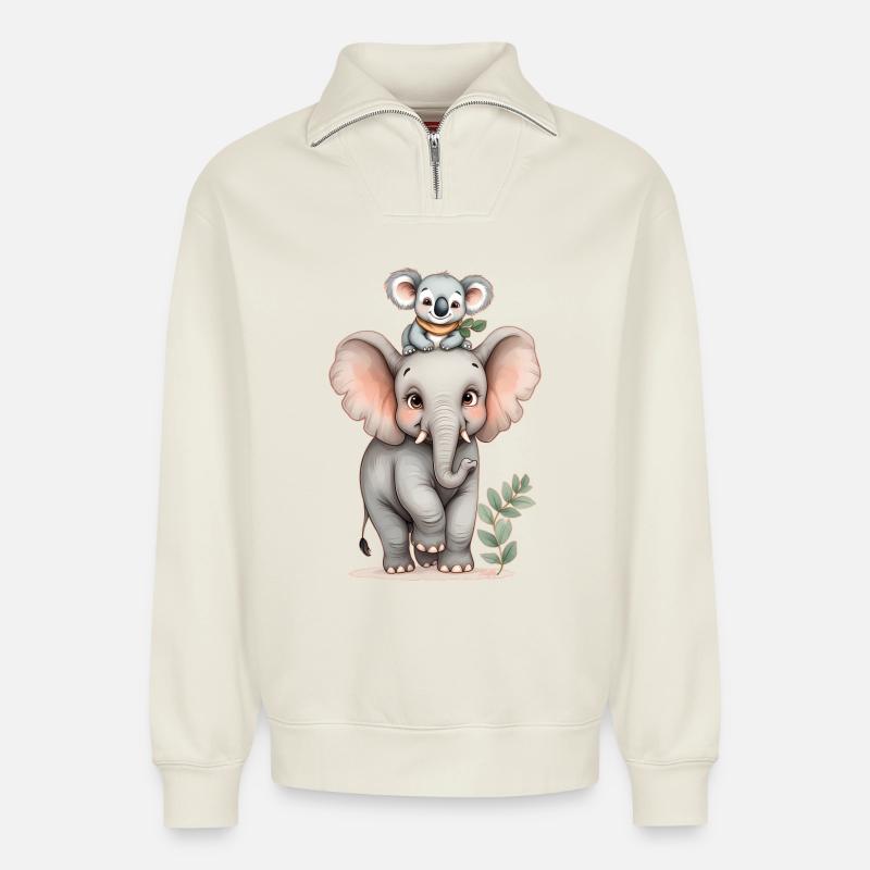 Wilde Freundschaft: Elefant und Koala 🐘 🐨 - Relaxed Unisex Organic Half Zip Sweatshirt – von SPREAD - Naturweiß