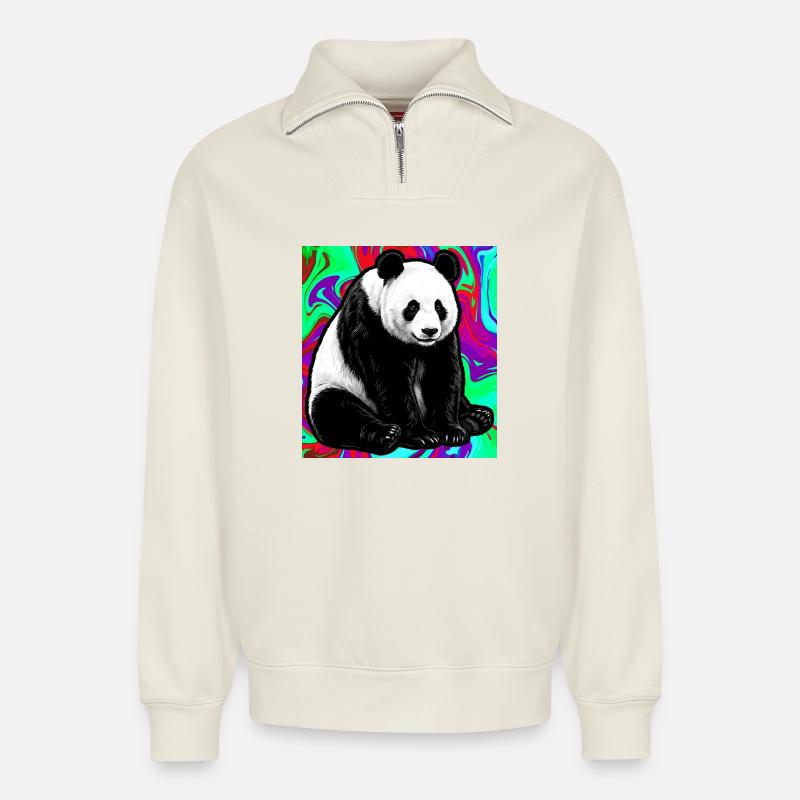panda - Sweat unisexe décontracté en coton biologique à demi-zip – de SPREAD - blanc cassé