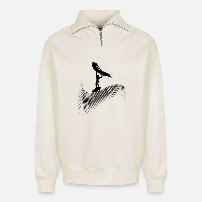 Wingfoiler on wave - Relaxed Unisex Organic Half Zip Sweatshirt – by SPREAD - off white