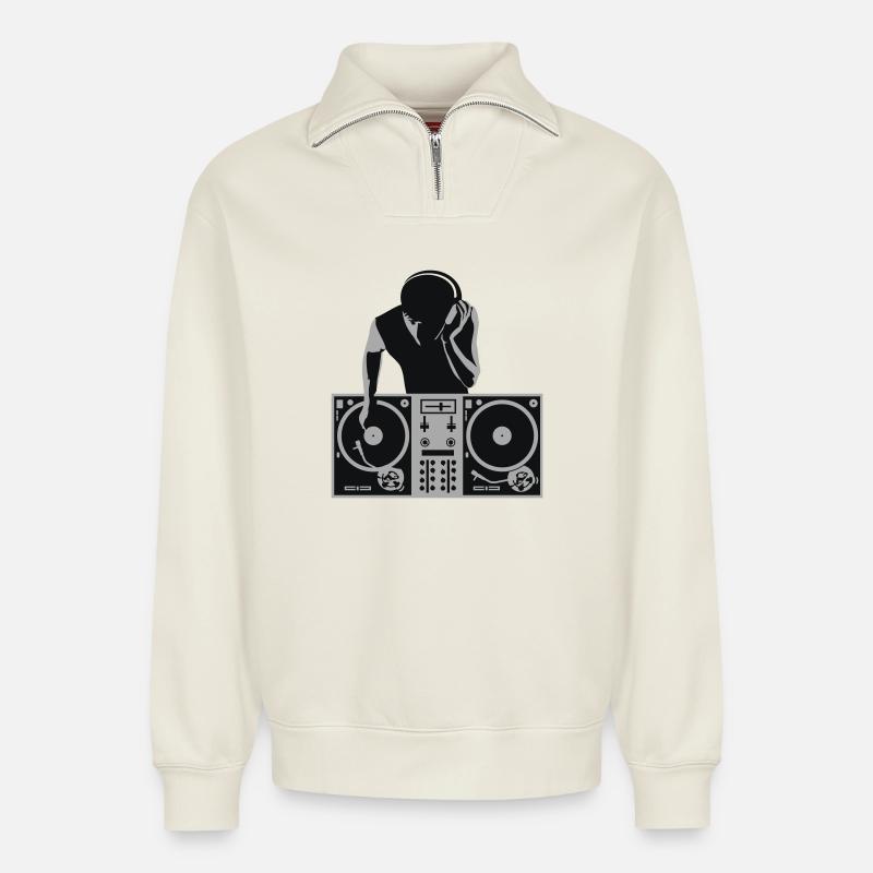 dj - deejay - Relaxed Unisex Organic Half Zip Sweatshirt – by SPREAD - off white