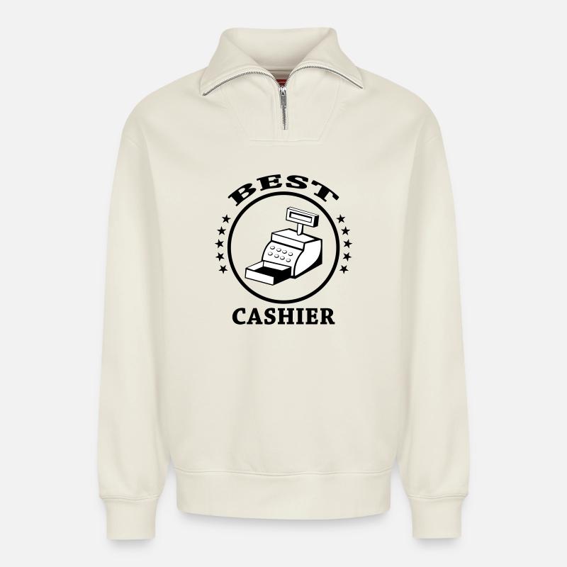 Beste Kassiererin - Relaxed Unisex Organic Half Zip Sweatshirt – von SPREAD - Naturweiß