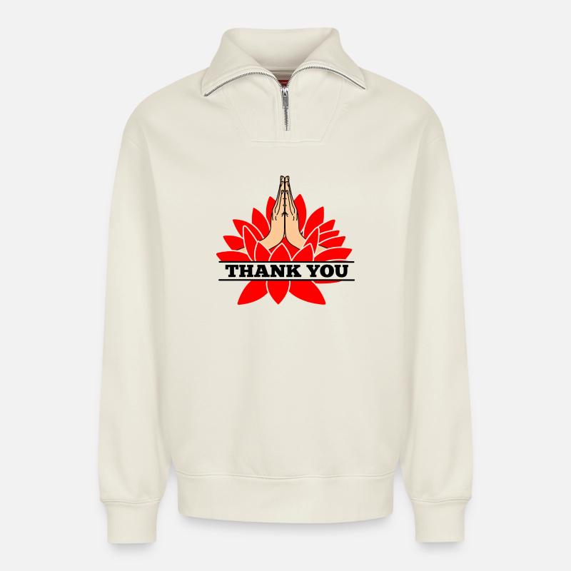 DANKE Danke Namaste mit schwarzem Text - Relaxed Unisex Organic Half Zip Sweatshirt – von SPREAD - Naturweiß