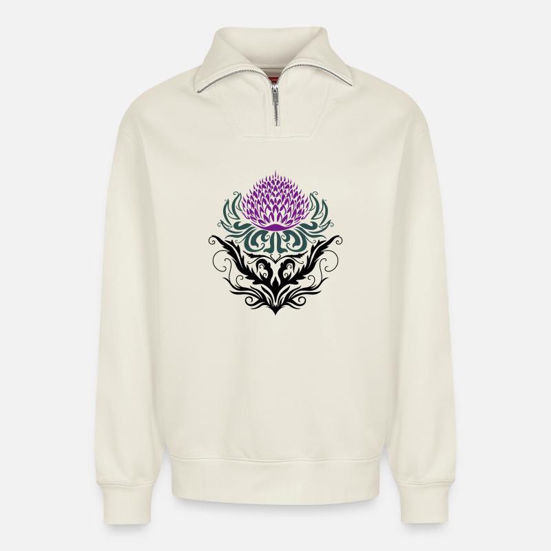 Chardon pourpre Chardon - Sweat unisexe décontracté en coton biologique à demi-zip – de SPREAD - blanc cassé